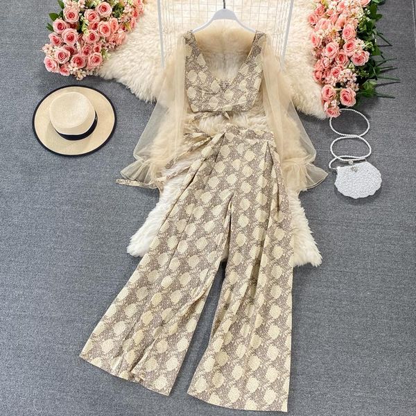 

women's two piece pants amolapha women beach style holiday 2pcs clothes sets deep v-neck mesh patchwork printed crop +high waist wide l, White