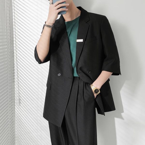 

men's suits & blazers male coat wedding streetwear vintage fashion casual for men korean half-sleeve dress suit jacket blazer, White;black