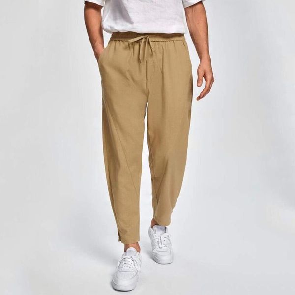 

men's pants men autumn casual solid color high waist drawstring loose with rope cotton and linen trousers, Black