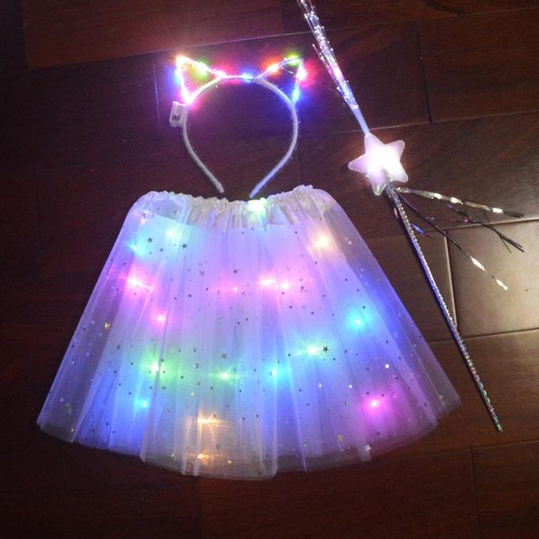 

party decoration christmas girl kids neon led tutu skirt stage dance wear layered tulle light up short dress for 2-8 years old cat headband
