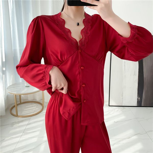 

summer spring famale v-neck pajama sets sleepwear satin silk long sleeve pants for womens set pyjamas mujer pijama homewear, Black;red