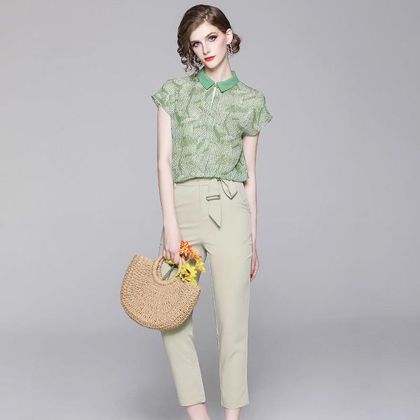 

summer tracksuit women two piece set short sleeve print chiffon and sashes pants suit elegant fashion female outfit conjunto women's, White