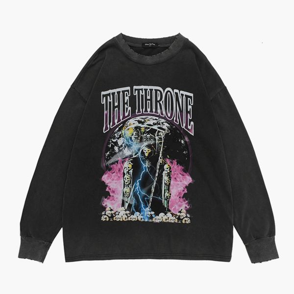 

chaopai street men's washing used terry direct spray printing round neck loose long sleeve pullover sweater, Black