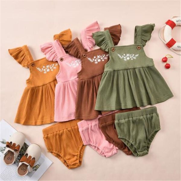 

clothing sets wholesale summer toddler baby girls kids floral print square collar sleeveless romper 2pcs + ribbed shorts suit born, White