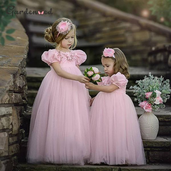 

girl's dresses puffy tulle pink ball gown flower girl long sleeve princess dress illusion wedding party first communion, Red;yellow