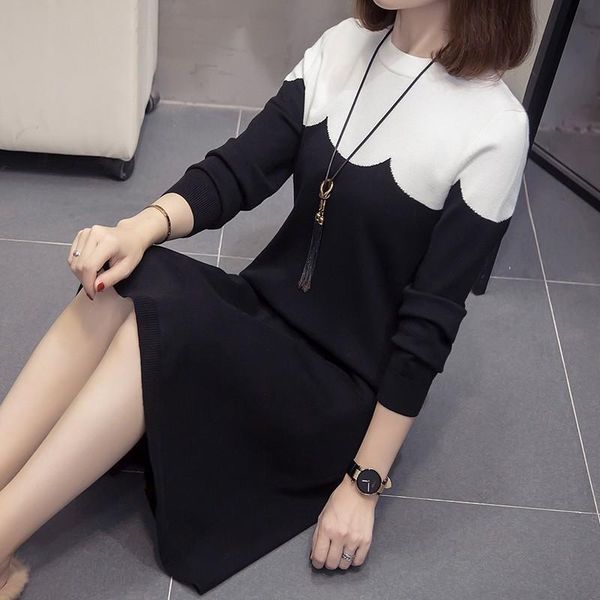 

knitted winter dress women casual o-neck patchwork warm elegantn long sleeve sweater female vestidos dresses, Black;gray