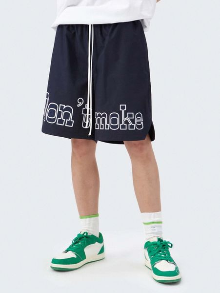 

men drawstring waist slogan graphic shorts w1c7#, Black