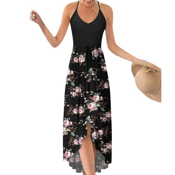 

casual dresses 40# vintage flower printing dress for woman bohemian sleeveless halter irregular summer elegant long, Black;gray