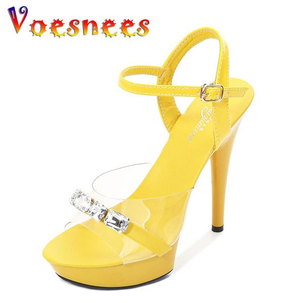 

voesnees 2021 walking show artifact model high heels 13-15cm woman shoes sandals clear platform crystal party wedding, Black
