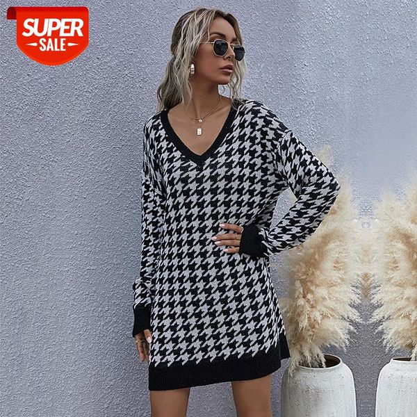 

Houndstooth Jumper Sweater Dress Women Autumn Winter Fashion Knitted Pullovers Medium Long Sexy V Neck Ladies Dress 2020 New #dy2n, White;black