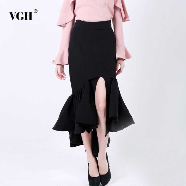 

trumpet skirt for women high waist bodycon ruffles split asymmetric hem designer skirts female fashion clothes 210531, Black