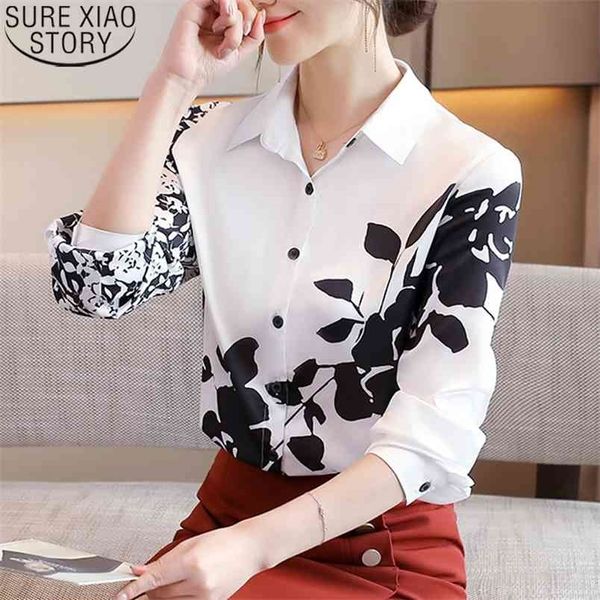 

vintage blouse women floral print shirt autumn silk satin lapel long sleeve blouses fashion and 11400 210506, White