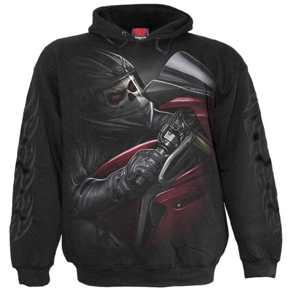 

skull motorcycle rider pattern 3d printing hoodie visual impact party punk goth round neck american sweater hoodie, Black