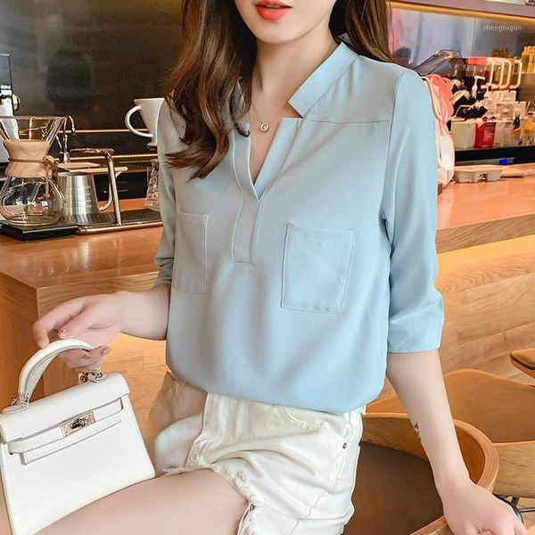 

sunscreen loose shirt half sleeve women summer chiffon shirts plus size solid v-neck slim blouses women's, White
