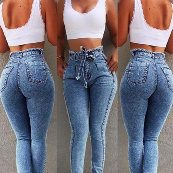 

high waist slim stretch denim womens jeans bandage plus size ouc326, Blue