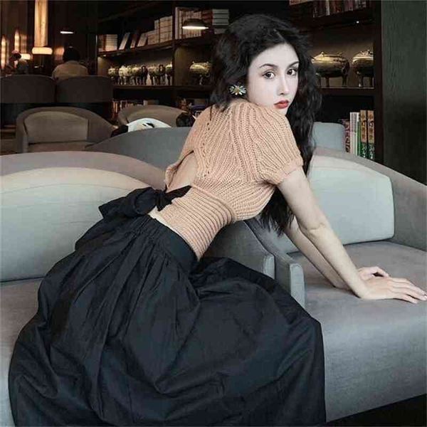 

casual summer hollow out o neck short sleeve knitted sweater lace up black big swing skirts wild matching sets retro 210730, White