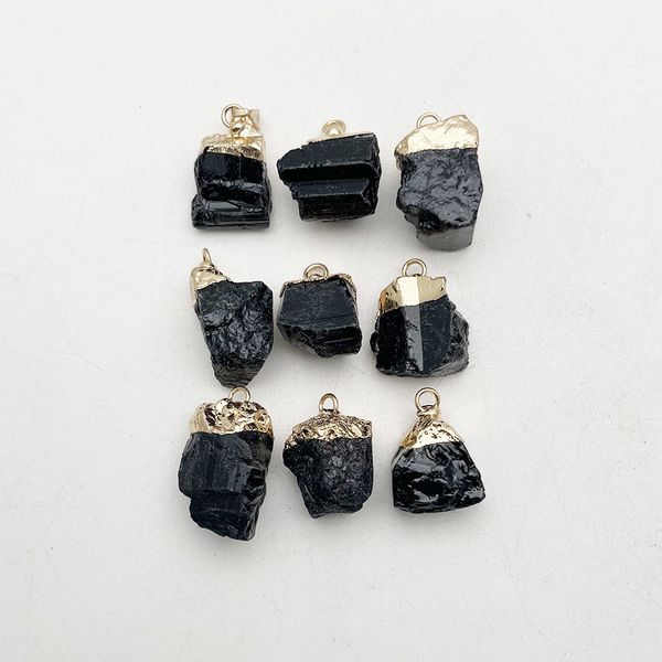 

natural black tourmaline gravel crystal gem healing reiki stone pendant necklace for jewelry making charm accessories 10pc, Bronze;silver