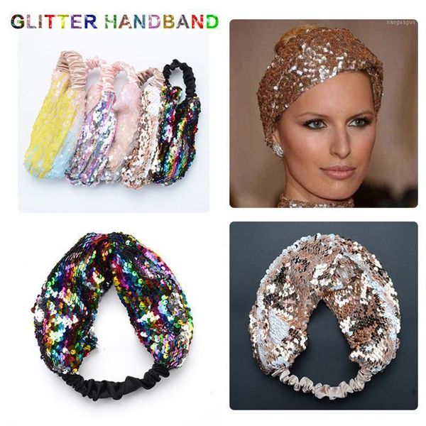 

6pcs/lot mermaid reversible sequin headbands for girls turban handmade cross elastic bands women hair accessories1