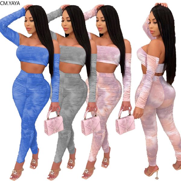 

tie dye print womens set trasuit long sleeve off shoulder crop staed jogger pants suit outfit 2pcs matching setby air, White