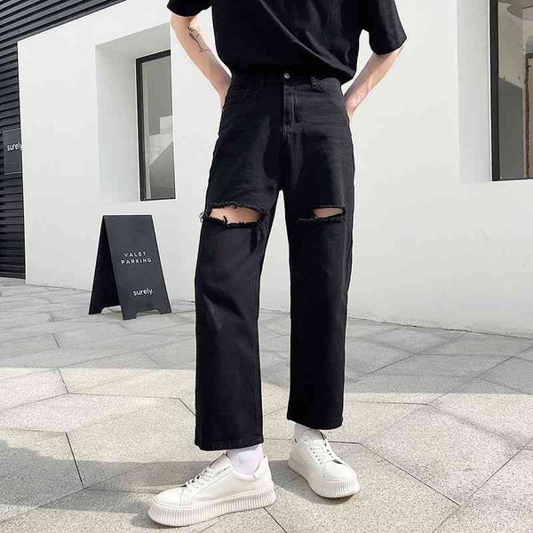 

men's jeans summer wide-leg fashion retro black ripped men streetwear loose hip-hop hole straight denim trousers mens t6ju, Blue
