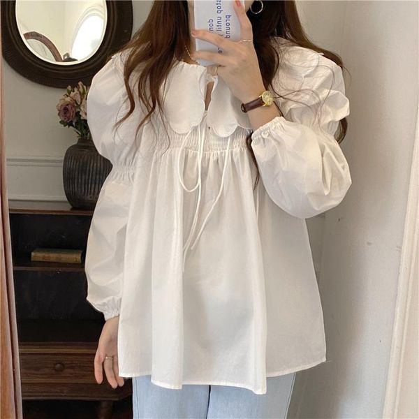 

women's blouses & shirts white sweet ruffles women stylish all match 2021 loose autumn solid ol office lady minimalist