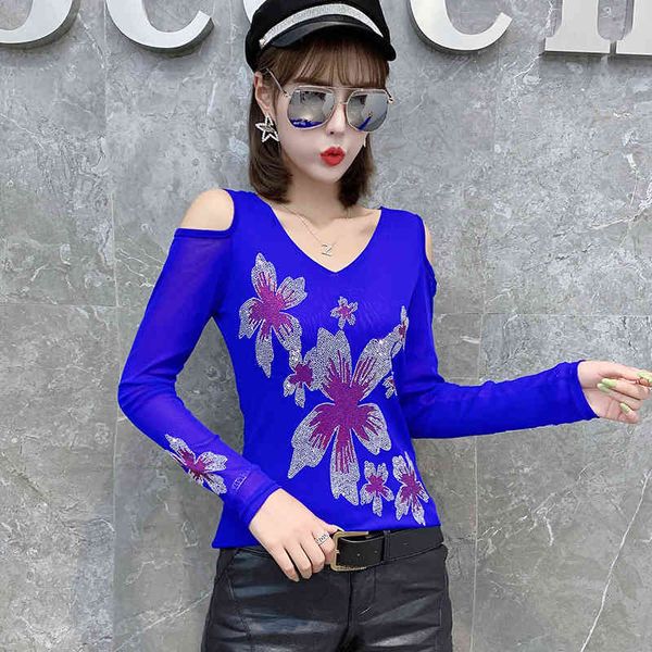 

women's t-shirt fashion tees off shoulder diamonds tshirt women autumn winter polyester camiseta mujer bottoming shirt t, White