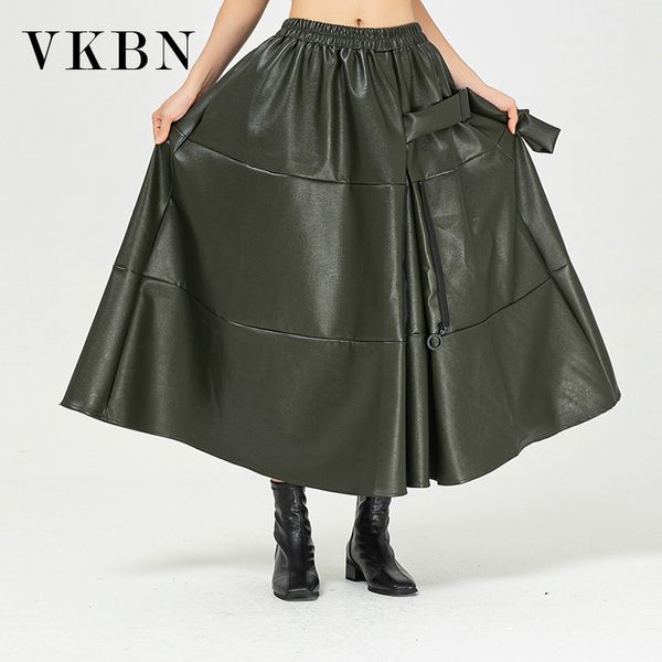 VKBN, entrega rápida, faldas de cintura alta a la moda para mujer, cuero de PU femenino coreano, alta calidad, talla grande, negro y verde militar, 210507