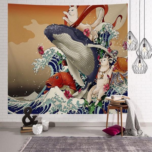 

tapestries whale wall tapestry big wave koi fish lucky cat japanese art