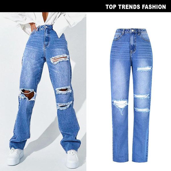 

women's jeans 2021 high waist straight loose daddy pants washed street hole spring and autumn carrot a389, Blue