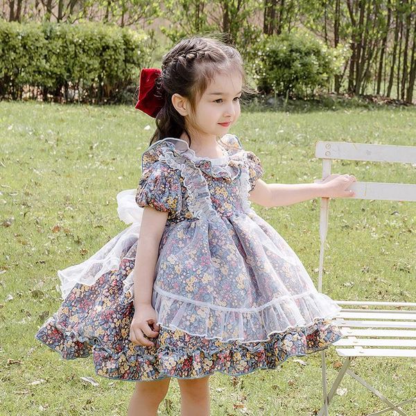 girl's dresses summer children's lolita floral short sleeve dress 2021 spanish princess prom baby girl birthday party, Red;yellow
