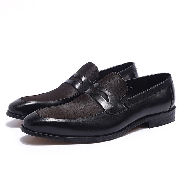 Brand New Luxo Men Penny Loafer Black Brown Patchwork Couro Genuino e Horshair Slip On Dress Shoes Mens Sapatos Casuais