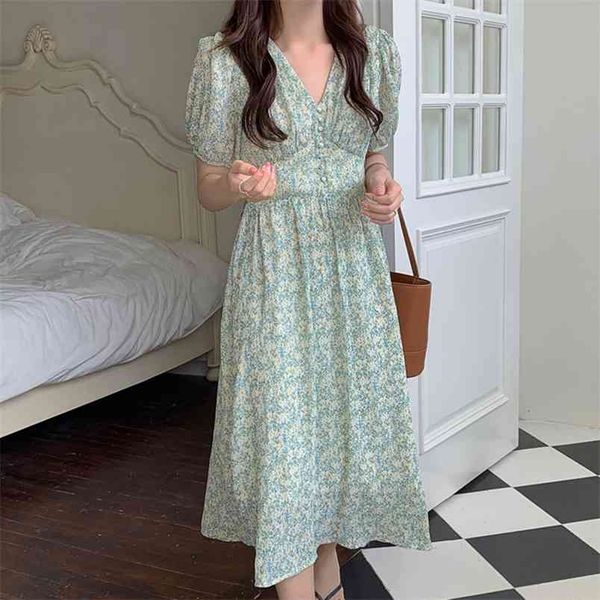 Verão Coreano Chique Moda Verde Florla Impresso Suff Manga Mulheres Vestido Vintage Holiday Boho Beach Long Elegant Party Robe 210514