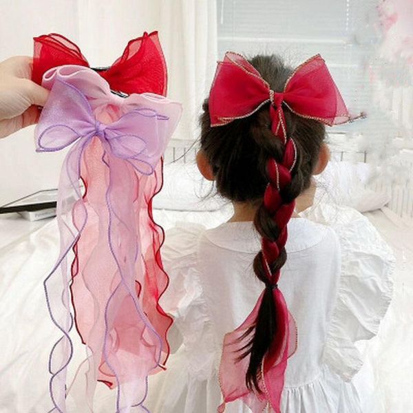 

korea children cute colorful ribbon lace bow hairclip for girls sweet weave ponytail hairpin kid barrettes princess accessories hair, Slivery;white