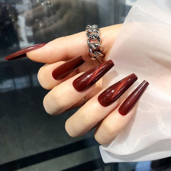 

false nails with glue gourd red cat's eye wear nail stickers finished 24 resin material dw, Red;gold