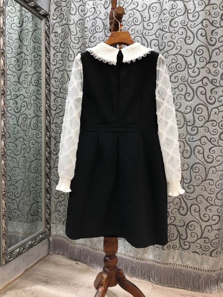 

dresses one piece autumn style women peter pan collar beading buttons deco white color block patchwork long sleeve, Black;gray