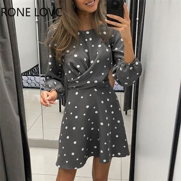 

women elegant fashion long sleeve round neck dots mini party dress, Black;gray