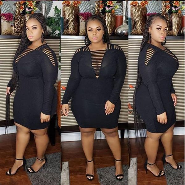 

plus size women mini dress real image hollow out v-neck long sleeves nightclub wear sleeve bodycon dresses xl--5xl 2021 casual, Black;gray