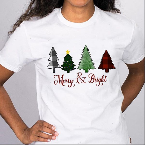 

women t shirt graphic cartoon plaid star tree year holiday merry christmas tees clothes print lady female, White