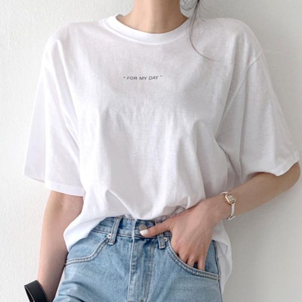 

women's t-shirt korean simple letter round neck loose short-sleeved female summer western style age reduction casual all-match shirt, White