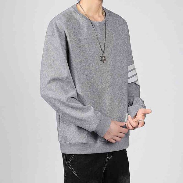 

autumn new tb sweater loose trend spring and autumn couple ins round neck long sleeve men's jacket t1, Black