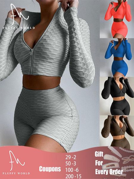 

women's tracksuits two pieces suit set female solid color stand collar long sleeve crop with zipper+ short pants sports running sets, Gray