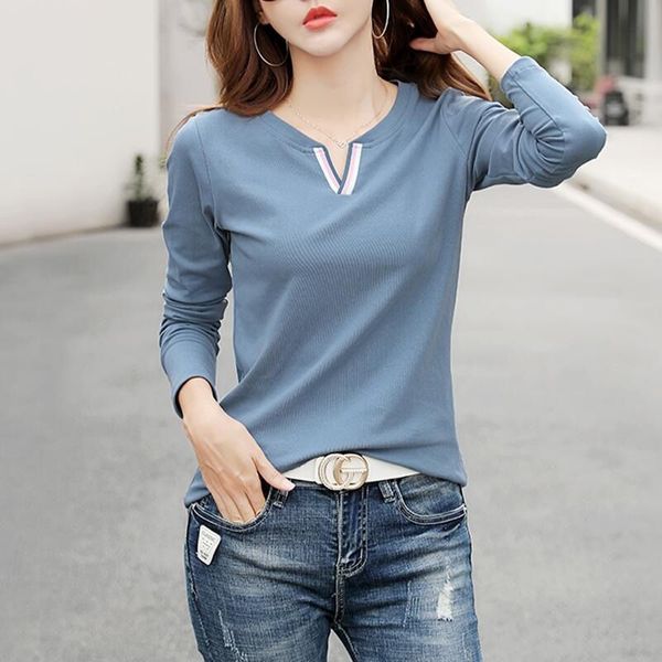 

2021 v neck 100% cotton t shirt woman spring fashion long sleeve shirt womens t-shirt loose korean style plus size women shirts, White