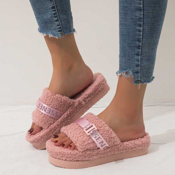 

trendy buckle strap plush women slippers anti-slip flat sole bedroom live house shoes casual slip on slides big size, Black