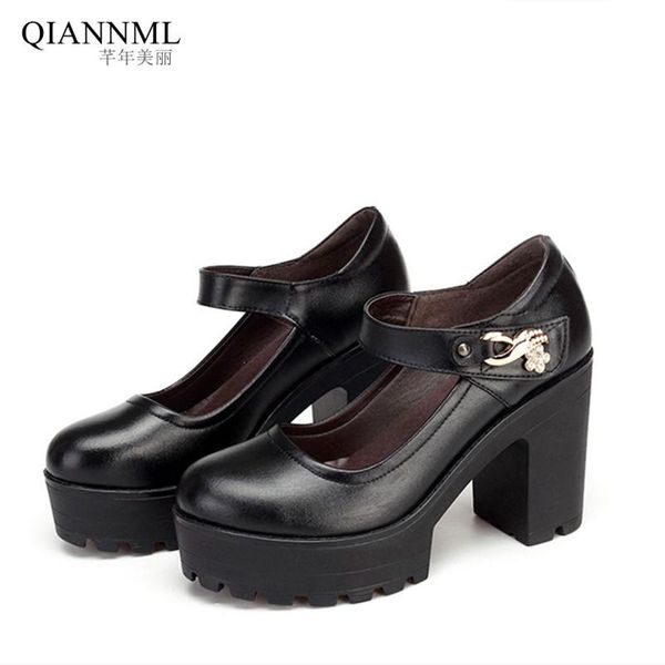 

dress shoes quality 2022 ankle strap genuine leather for women high heels thick square heel office woman platform pumps 34 35, Black