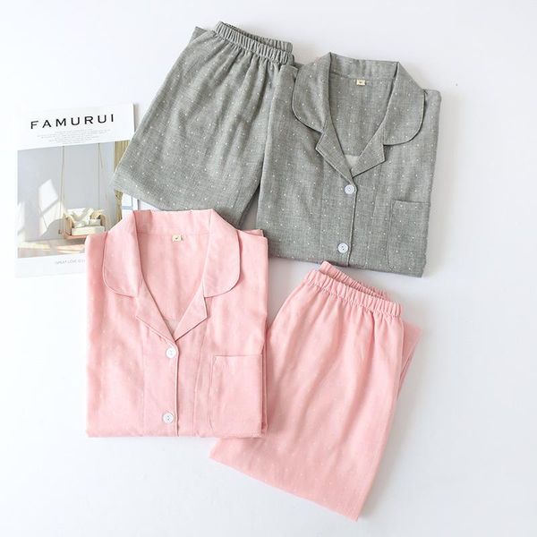 

men's sleepwear spring autumn cotton lover homewear full sleeve pant 2pc pajama sets couple polka dot loose nightwear turn-down collar, Black;brown