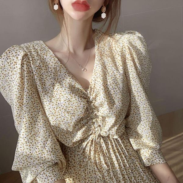 

korean chic floral puff sleeve womens dress long high waist vintage elbise ladies v neck drawstring party chiffon ropa mujer, Black;gray