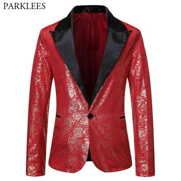 

rose floral bronzing blazer men brand one button patchwork collar suit jacket male wedding groom stage costume homme red xl 210522, White;black