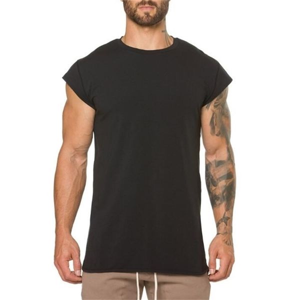 

brand clothing fitness t shirt men fashion extend long tshirt summer gym short sleeve t-shirt cotton bodybuilding slim fit 210322, White;black