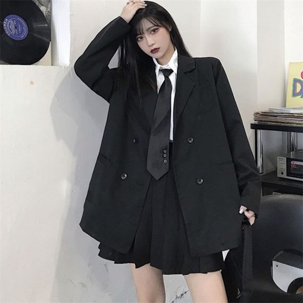 

korean black suit blazers outerwear long sleeve women double breasted thin coat casual office spring clothes 211006, White;black