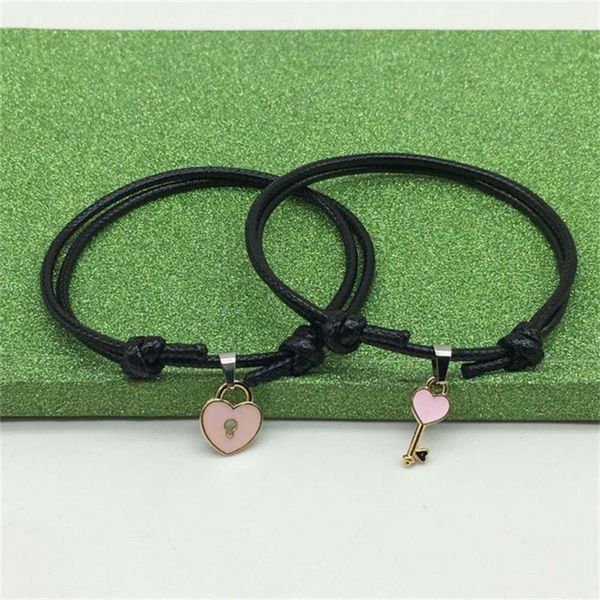 

alloy 2pcs/pair couple bracelet key love heart lock charm handmade jewelry rope gifts for lovers 1041 t2, Golden;silver